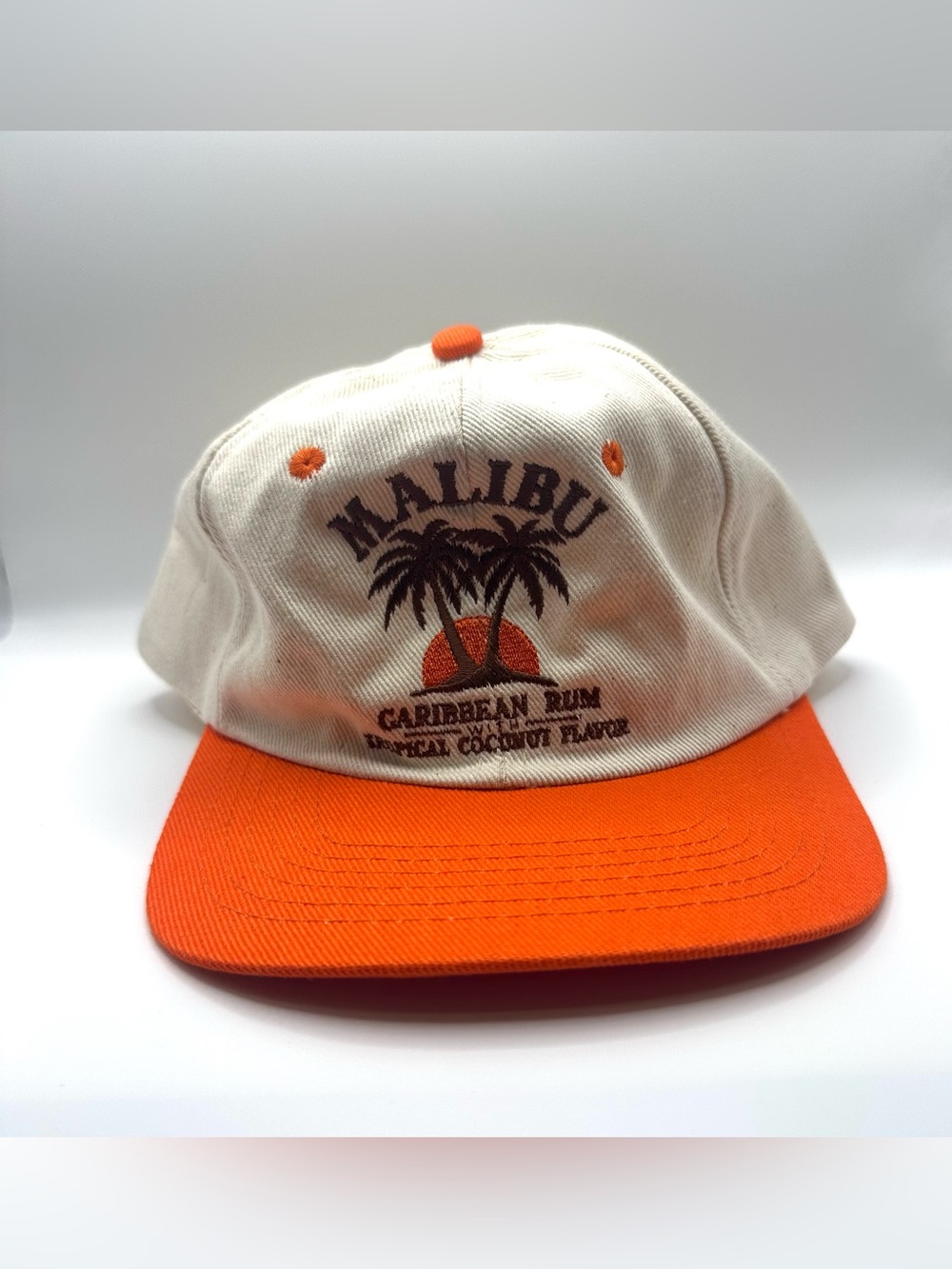 Malibu Caribbean Rum Tropical Coconut Flavor Distillery White/Orange Hat Vintage